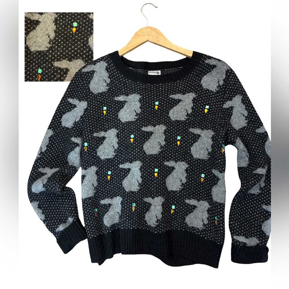 J.Crew Factory Novelty Print Bunny Sweater Black/ Gray Wool Blend Embellished